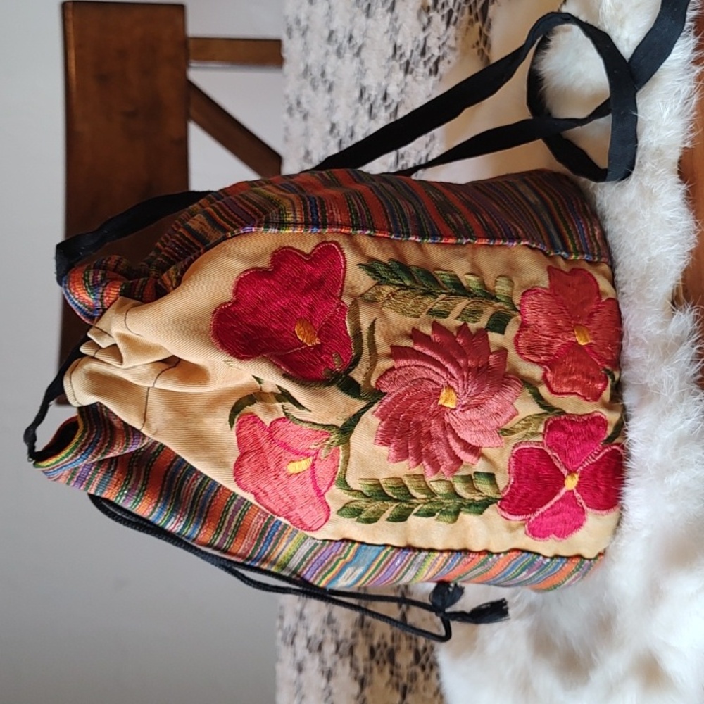 Boho Chic Retro Draw String Crossbody Bag. Embroidery Flowers Unique Feminine